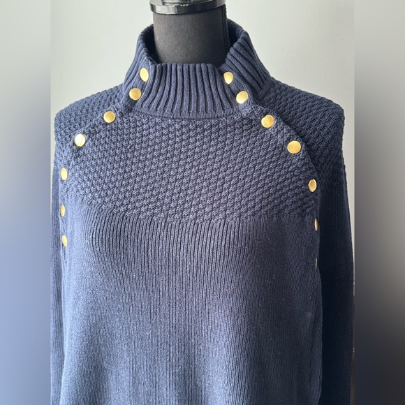 G.I.L.I. Navy Blue Turtleneck Sweater cape poncho with Gold Buttons L/XL NWOT - Picture 2 of 7